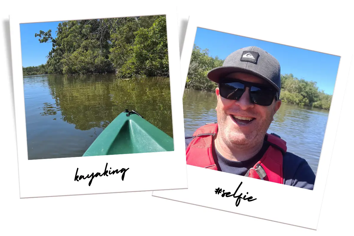 two Polaroid frames with kayaking images in them