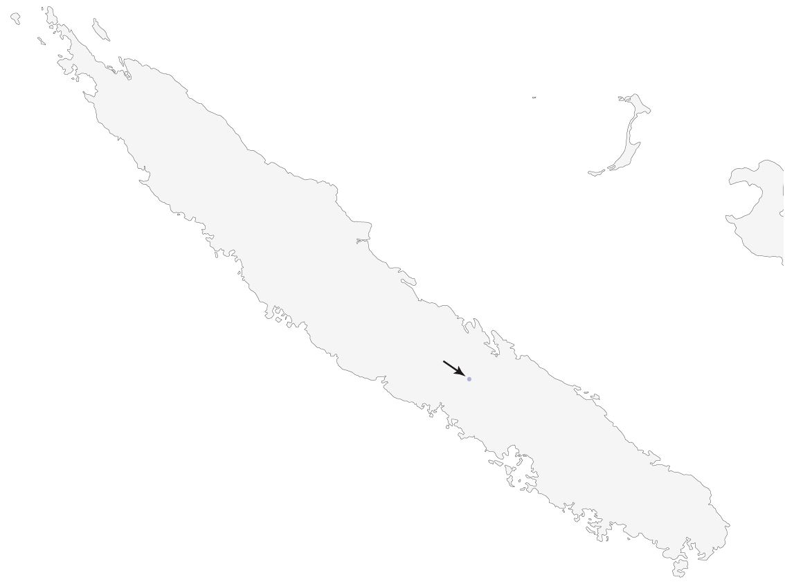 a map of New Caledonia with a dot showing the location where New Caledonian Rails are thought to exist