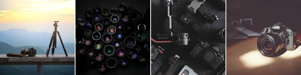 four photos of different camera equipment