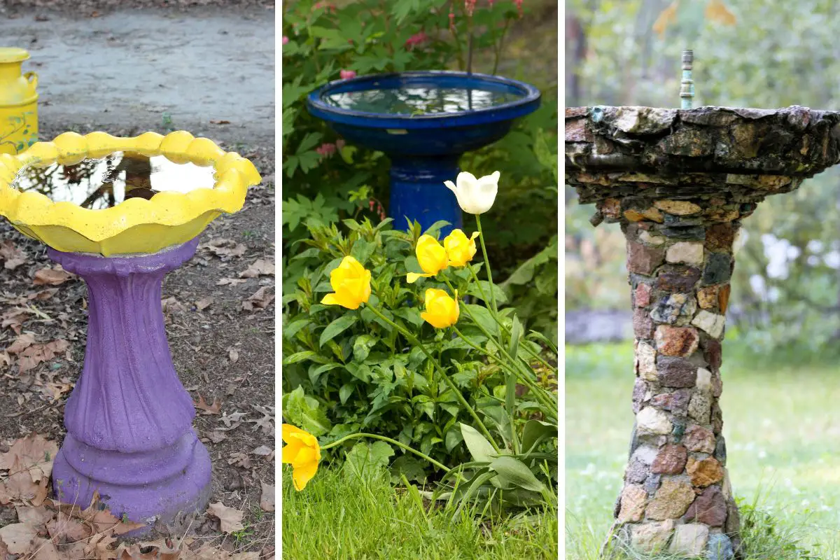 three different birdbaths of various colors