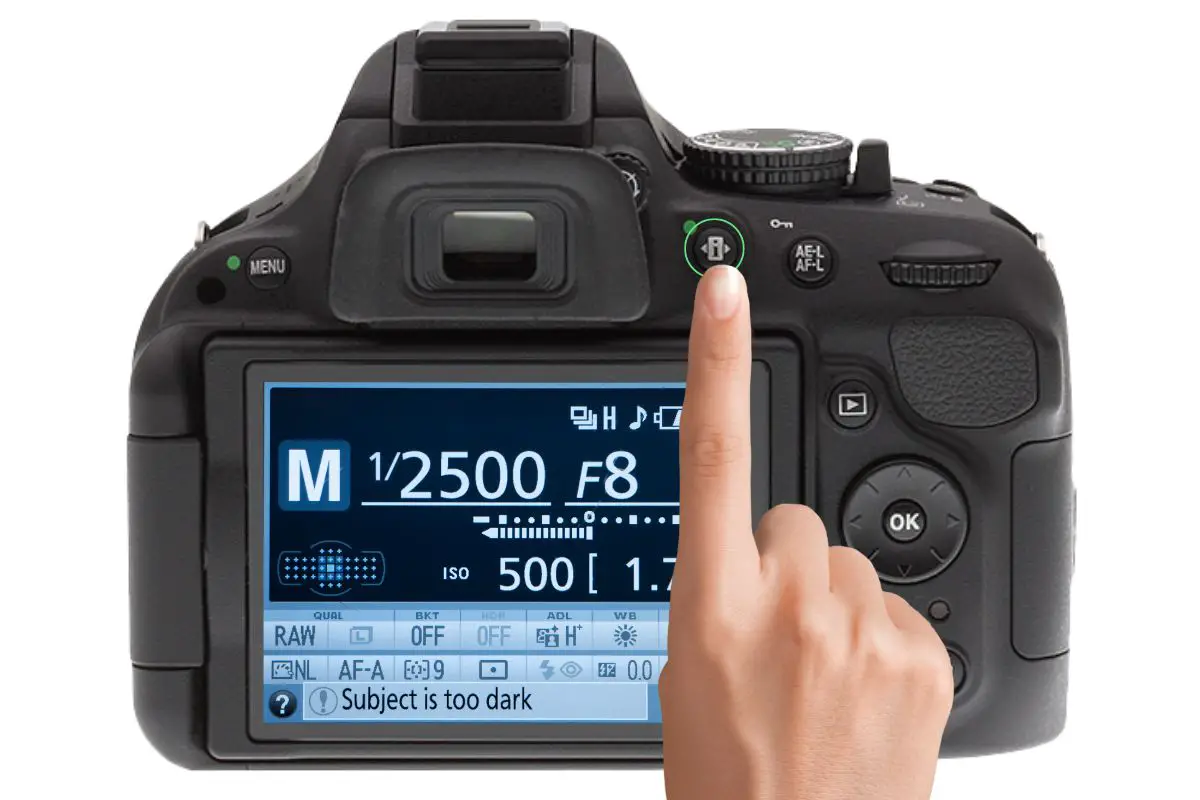 the rear of a Nikon D5200 showing the information display. A woman's hand is pressing the i button on the rear of the camera