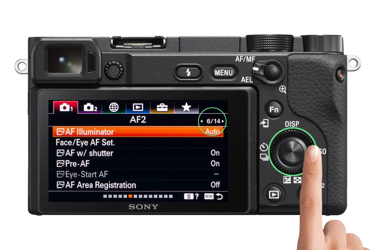 the rear of a Sony a6400 camera showing the AF2 screen with a woman's hand pressing the control wheel