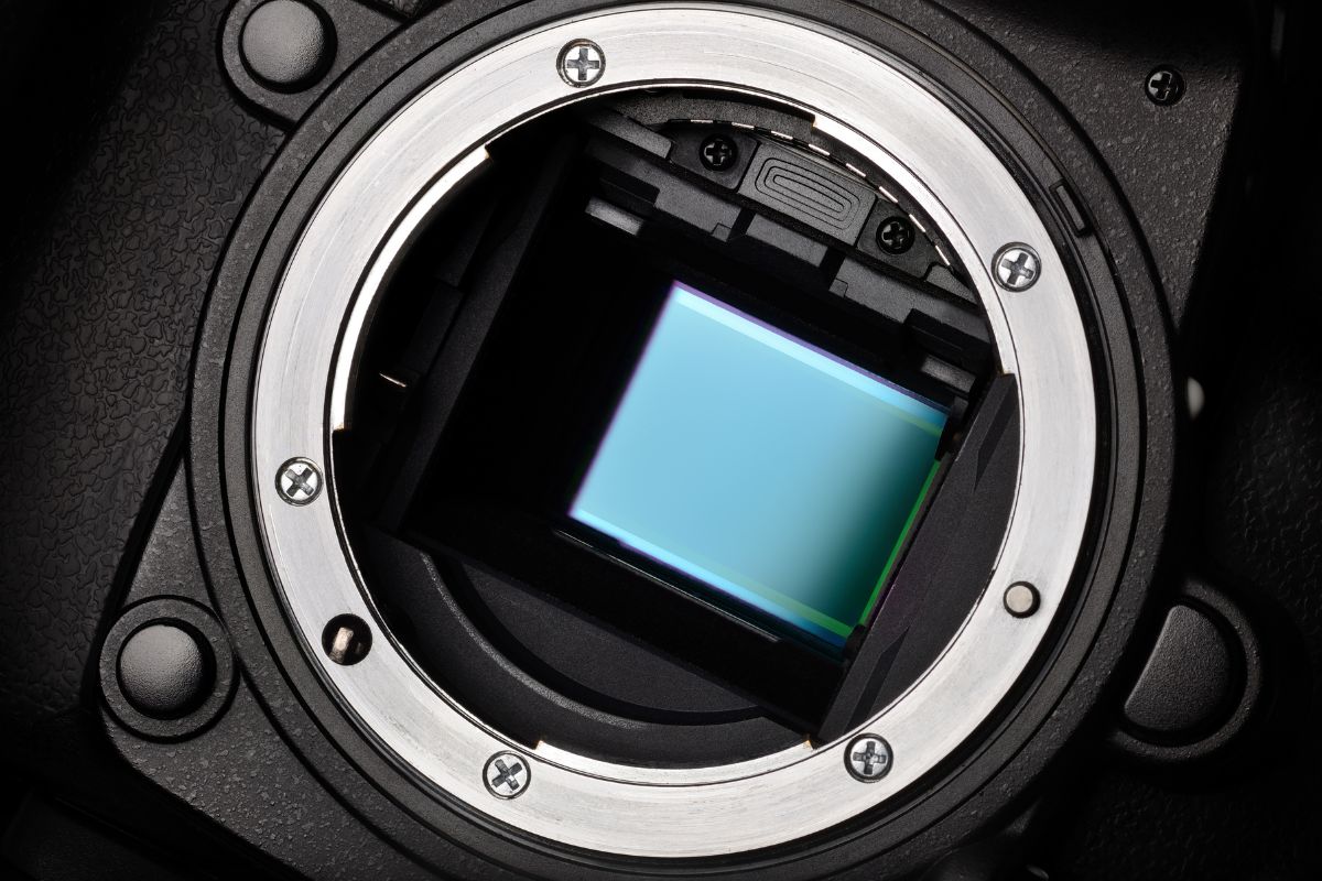 a view of the front of a dslr camera showing the sensor inside