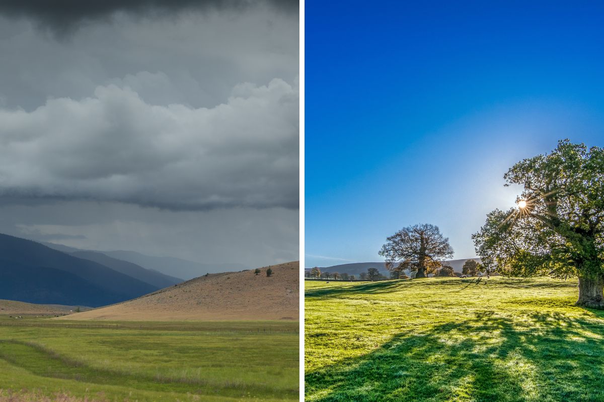 an overcast day on the left and a sunny day on the right