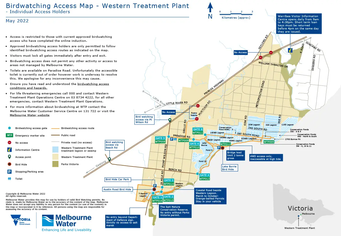 the birdwatching access map of the Western Treatment Plant