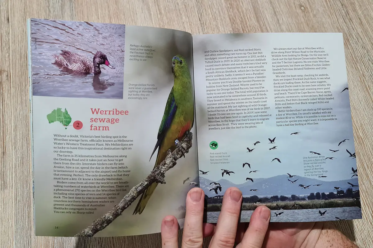 an inside page of The 100 Best Birdwatching Sites In Australia book