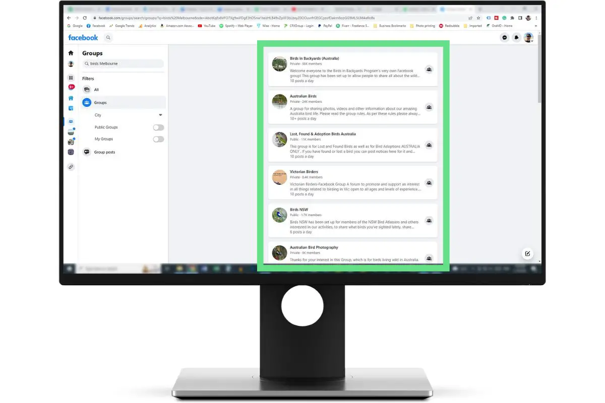 a computer monitor showing a Facebook profile and the Groups page with the list of results expanded