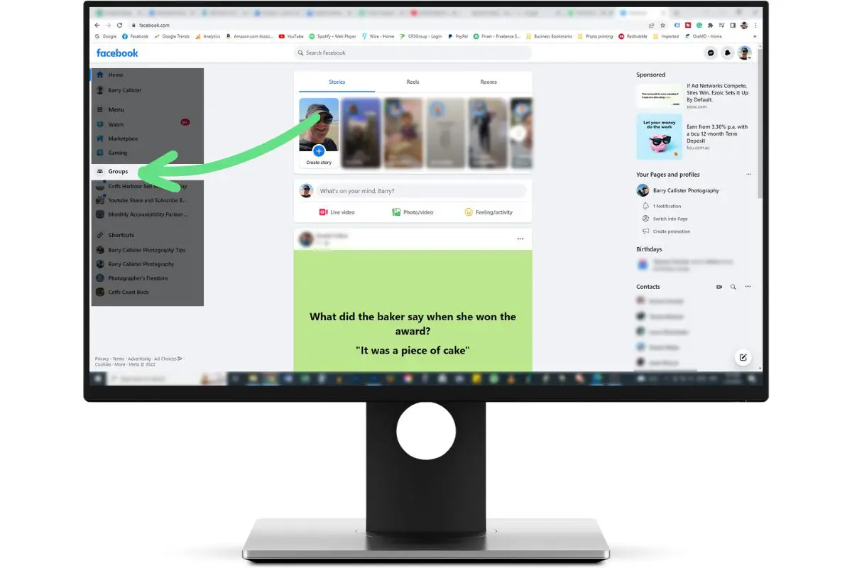 a computer monitor showing a Facebook profile and the Groups option in the left-hand menu highlighted
