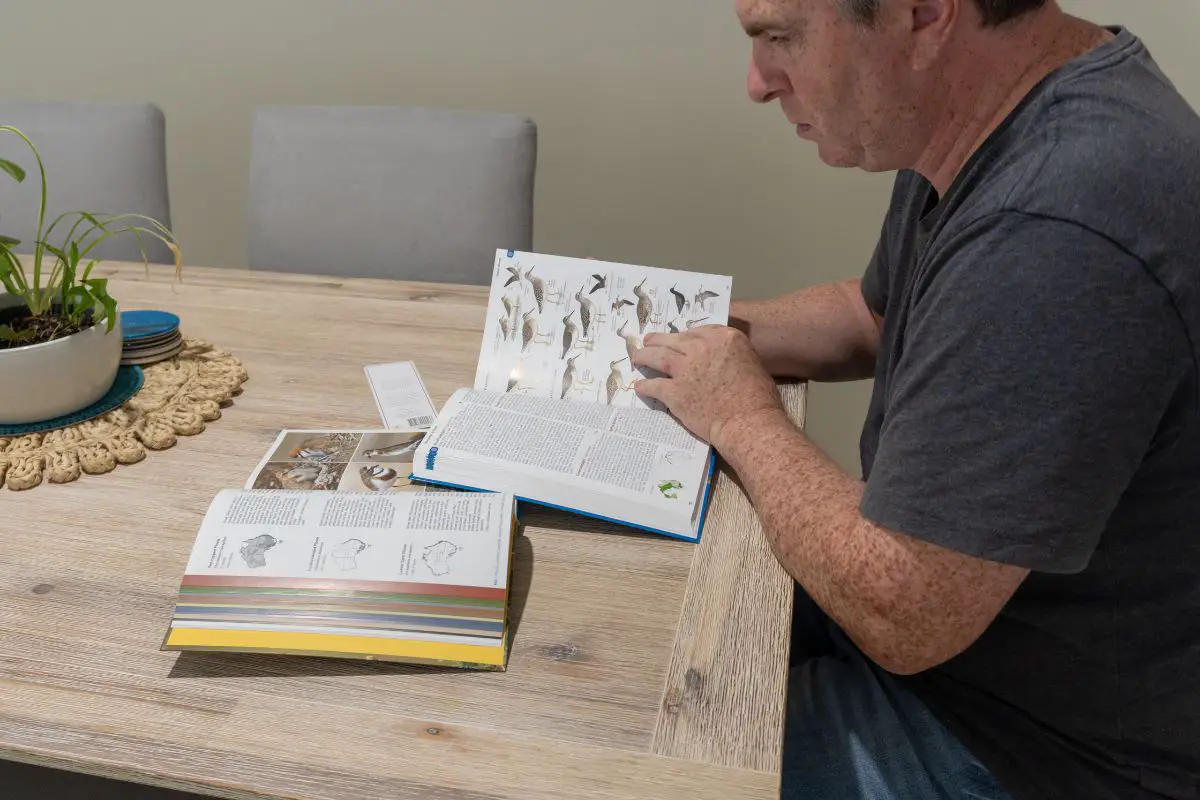 a man sitting at a table looking through bird field guides planning a birding trip